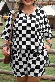 Black Checkered Pattern Tee and Shorts Plus Size Two Piece Set