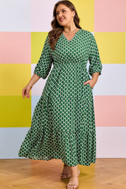 Green Plus Size Geometric Print Pocketed Ruffle Hem Casual Dress