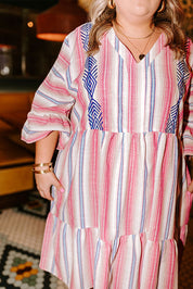 White Stripe Plus Size Embroidered Detail Flared 3/4 Sleeve V Neck Dress