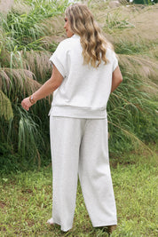 Light Grey Half Zip Polo Tee Loose Pants Plus Size 2pcs Outfit