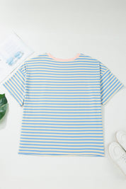 Sky Blue Stripe Plus Size Drop Shoulder Contrast Trim Round Neck Tee
