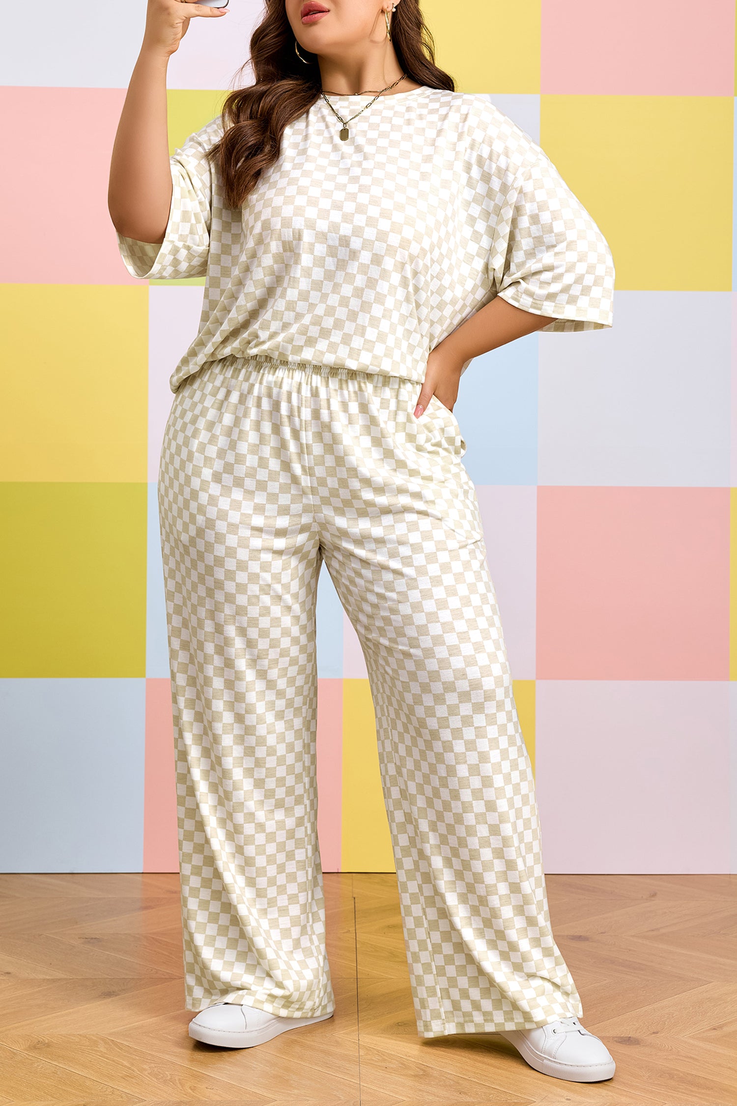 Khaki Plus Size Checkered Print Half Sleeve Tee Loose Pants Two-piece Lounge Set