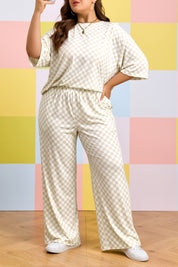 Khaki Plus Size Checkered Print Half Sleeve Tee Loose Pants Two-piece Lounge Set