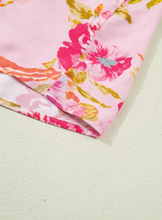 Pink Plus Size Floral Print V Neck Tie Front Short Sleeve Tunic Top