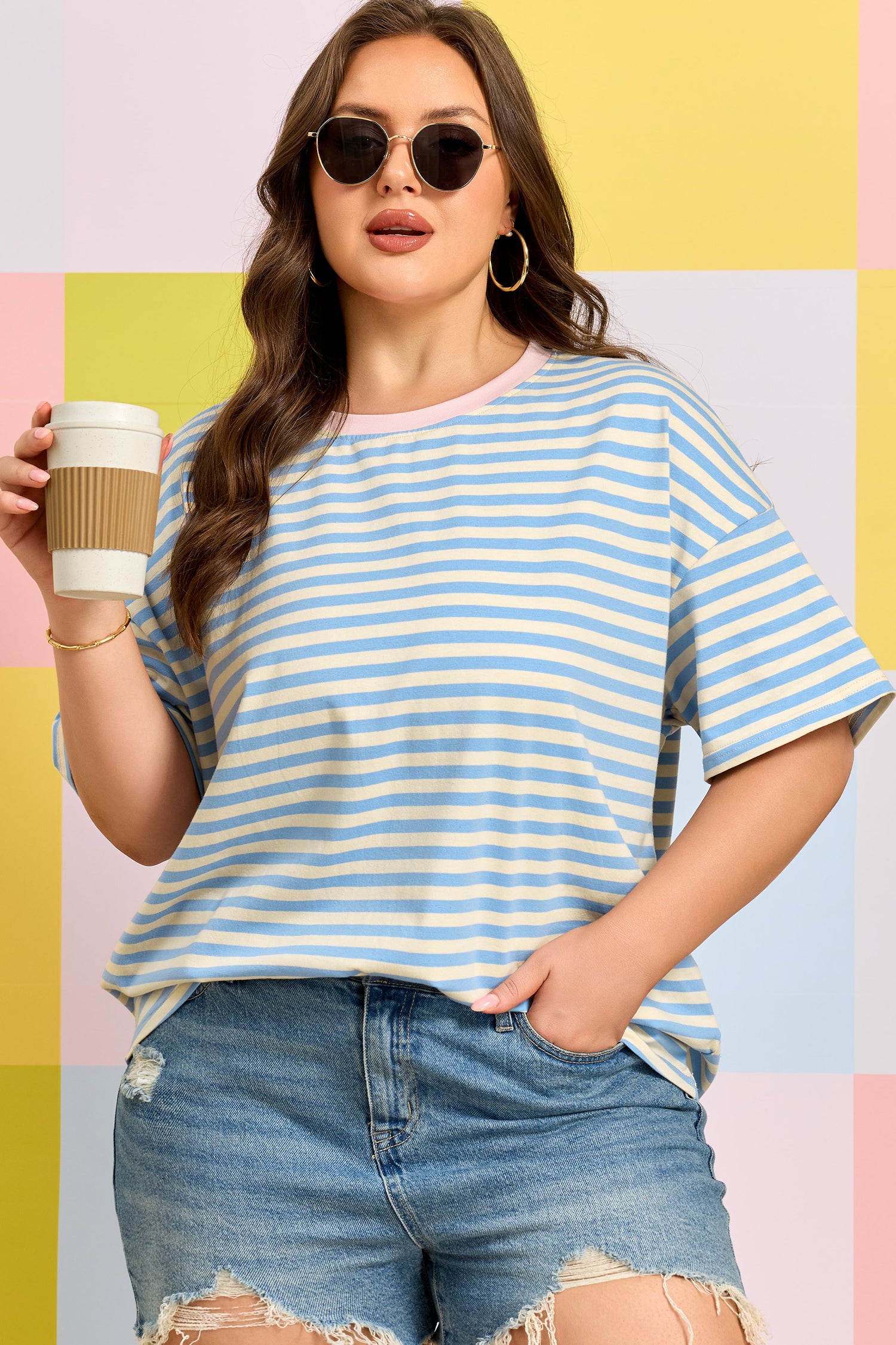 Sky Blue Stripe Plus Size Drop Shoulder Contrast Trim Round Neck Tee