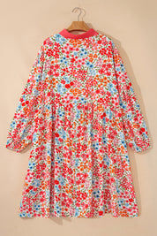 Pink Plus Size Button V Neck Leopard Print Puff Sleeve Loose Mini Dress