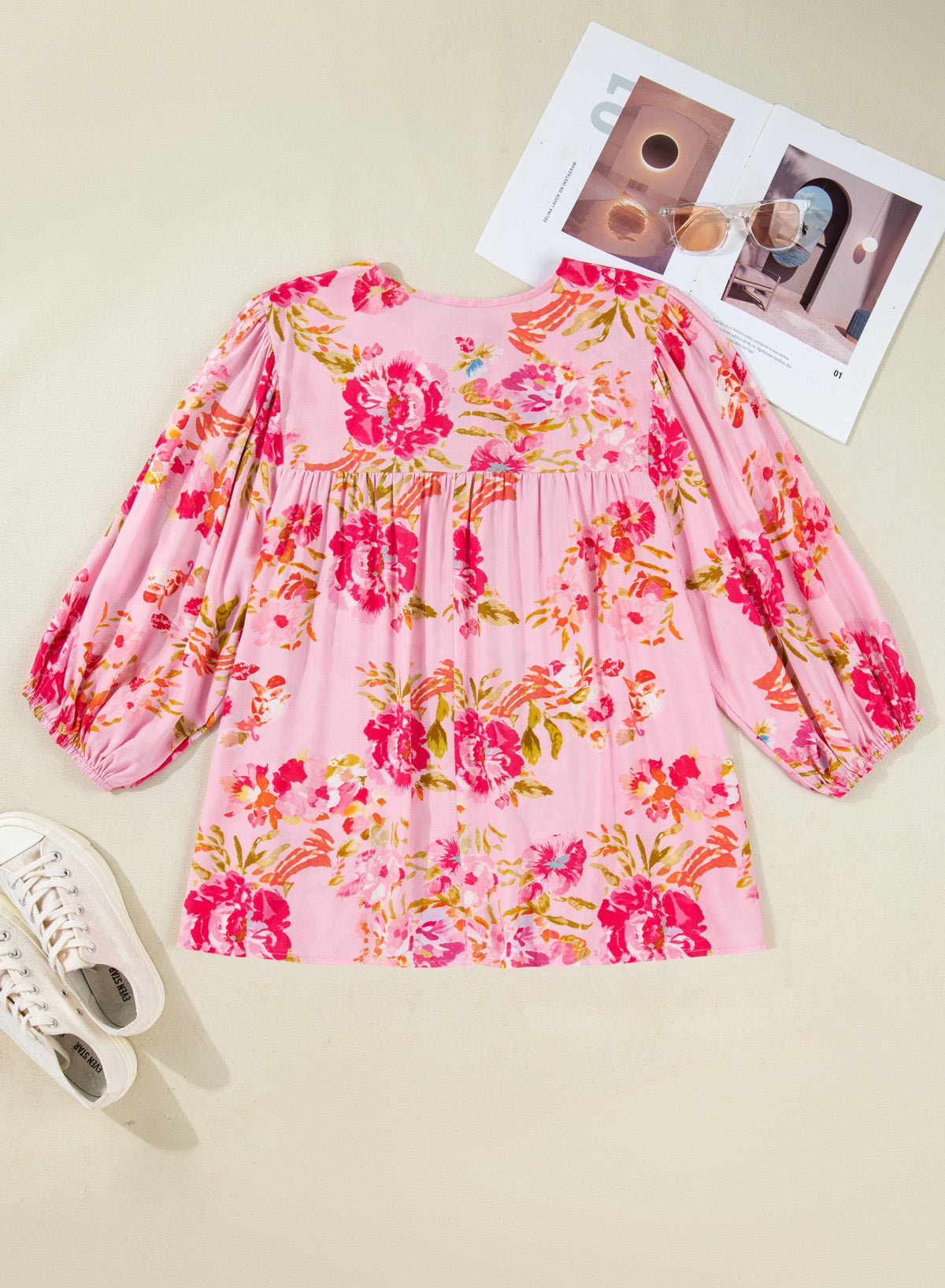 Pink Plus Size Floral Print V Neck Tie Front Short Sleeve Tunic Top