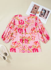 Pink Plus Size Floral Print V Neck Tie Front Short Sleeve Tunic Top