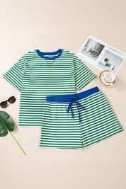 Rose Stripe Boxy Tee Drawstring Elastic Waist Plus Size Short Set