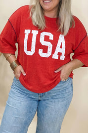 White Plus Size Twisted Rib Vintage USA Letter Printed T Shirt