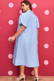 Sky Blue Stripe Shirred Detail Collar V Neck Plus Size Midi Dress