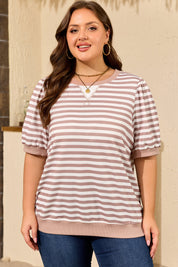 Orange Stripe Ribbed Trim Round Neck Short Puff Sleeve Plus T Shirt