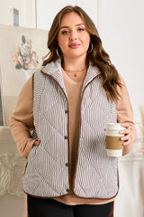 Brown Stripe Quilted Wavy Hem Snap Button Plus Size Vest