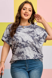 Gray Plus Size Camo Print Casual T Shirt