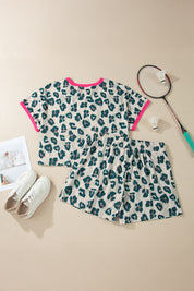 Brown Plus Size Leopard Color Block Trim Short 2pcs Set