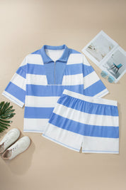 Sky Blue Stripe Drop Shoulder Zipped Collar T Shirt Plus Size Shorts Set