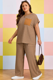 Khaki Stripe Plus Size Striped Colorblock Pocket Lounge Set