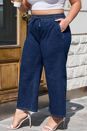 Real Teal Plus Size Drawstring High Waist Wide Leg Casual Jeans