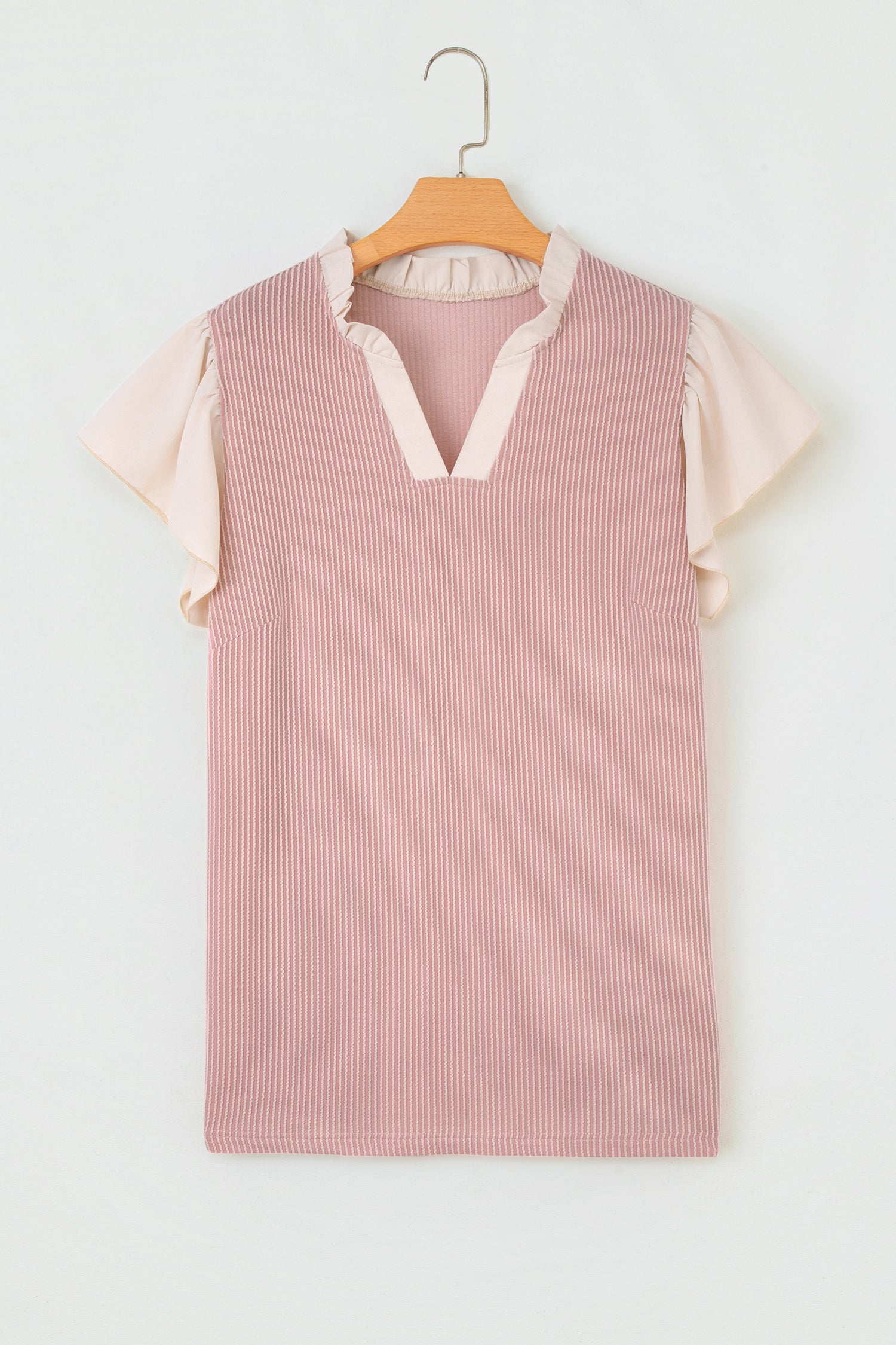 Vineyard Green Plus Size Contrast Frilled Neckline Ruffled Short Sleeve Ribbed Textured Blouse