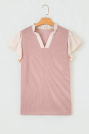 Vineyard Green Plus Size Contrast Frilled Neckline Ruffled Short Sleeve Ribbed Textured Blouse