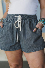 Sky Blue Stripe Plus Size Contrast Drawstring Elastic Waist Denim Shorts