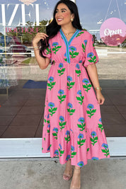 Pink Plus Size Striped V Neck Ruffled Floral Long Dress