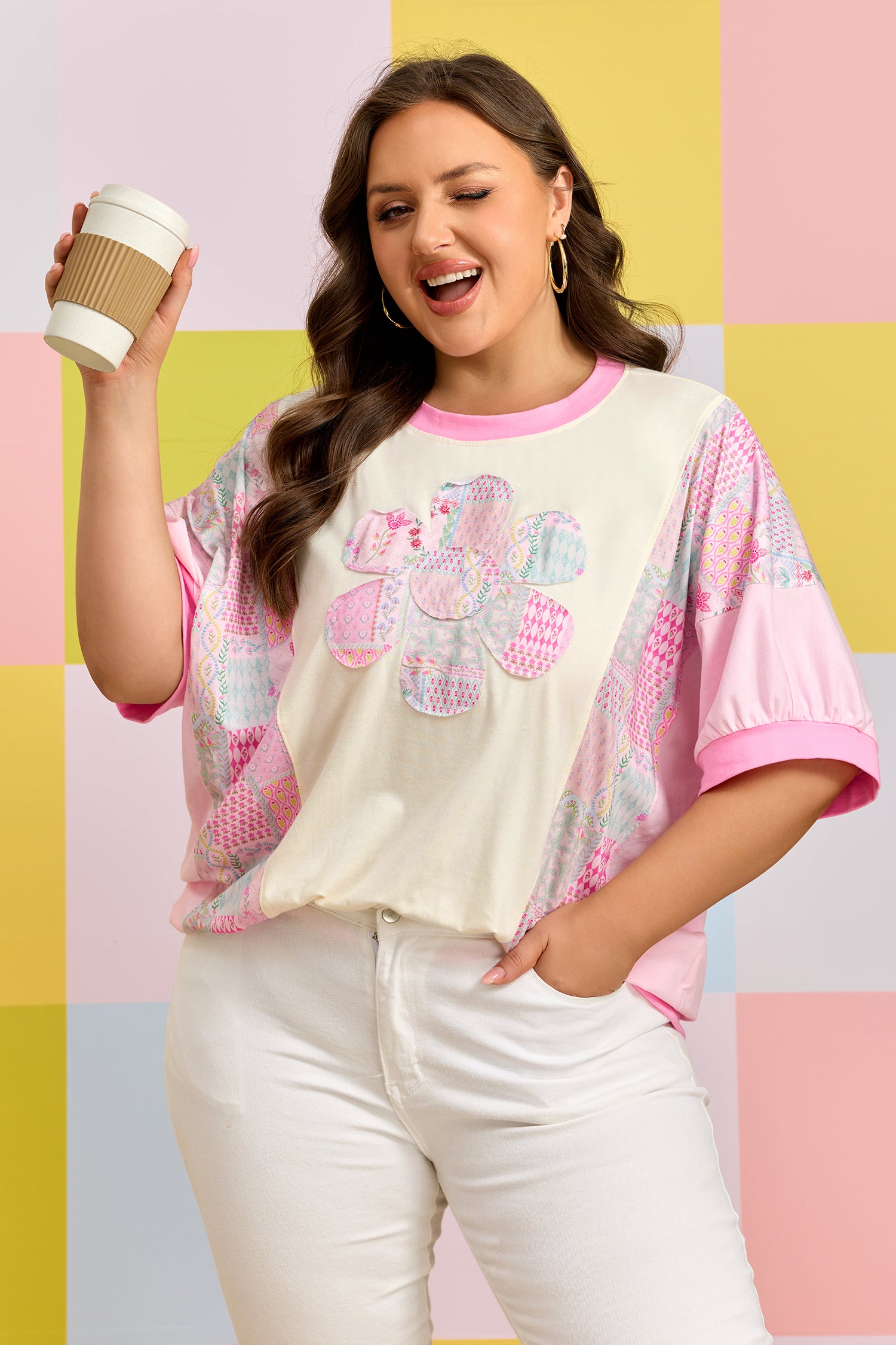 Beige Plus Size Floral Patchwork Short Sleeve Patch Embroidery Cotton T Shirt