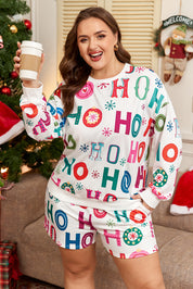 White Plus Size Christmas Ho Ho Ho Print Long Sleeve Top and Shorts 2pc Lounge Set