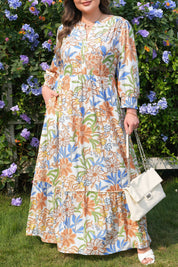 Khaki Floral Print 3/4 Sleeves Tiered Plus Size Long Dress
