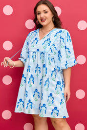 Sky Blue Floral Striped Bubble Short Sleeve Plus Size Dress