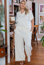 Beige Plus Size Textured Collared Top and Pants Set