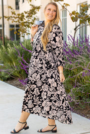 Black Plus Size Floral Printed Puff Sleeve Collared Maxi Dress