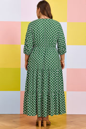 Green Plus Size Geometric Print Pocketed Ruffle Hem Casual Dress