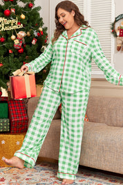 Green Plaid Print Contrast Trim Long Sleeve Plus Size Pajama Set