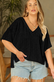 White Pointelle Rhombus Knit Plus Size V Neck Loose Top