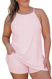 Pink Plus Size Build-in Shorts Sleeveless Dress With Short Two Piece Set