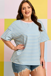 Sky Blue Stripe Plus Size Drop Shoulder Contrast Trim Round Neck Tee