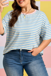 Sky Blue Stripe Plus Size Drop Shoulder Contrast Trim Round Neck Tee