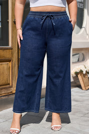 Real Teal Plus Size Drawstring High Waist Wide Leg Casual Jeans