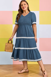 Dusk Blue Plus Size V Neck Swiss Dot Lace Patchwork Detail Flared Midi Dress
