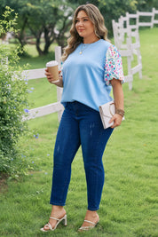 Light Blue Textured Bodice Contrast Floral Sleeve Plus Size Top