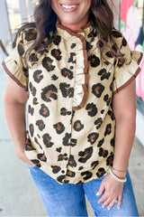Khaki Plus Size Leopard Print Frilled Color Block Trim Button Down Short Sleeve Blouse