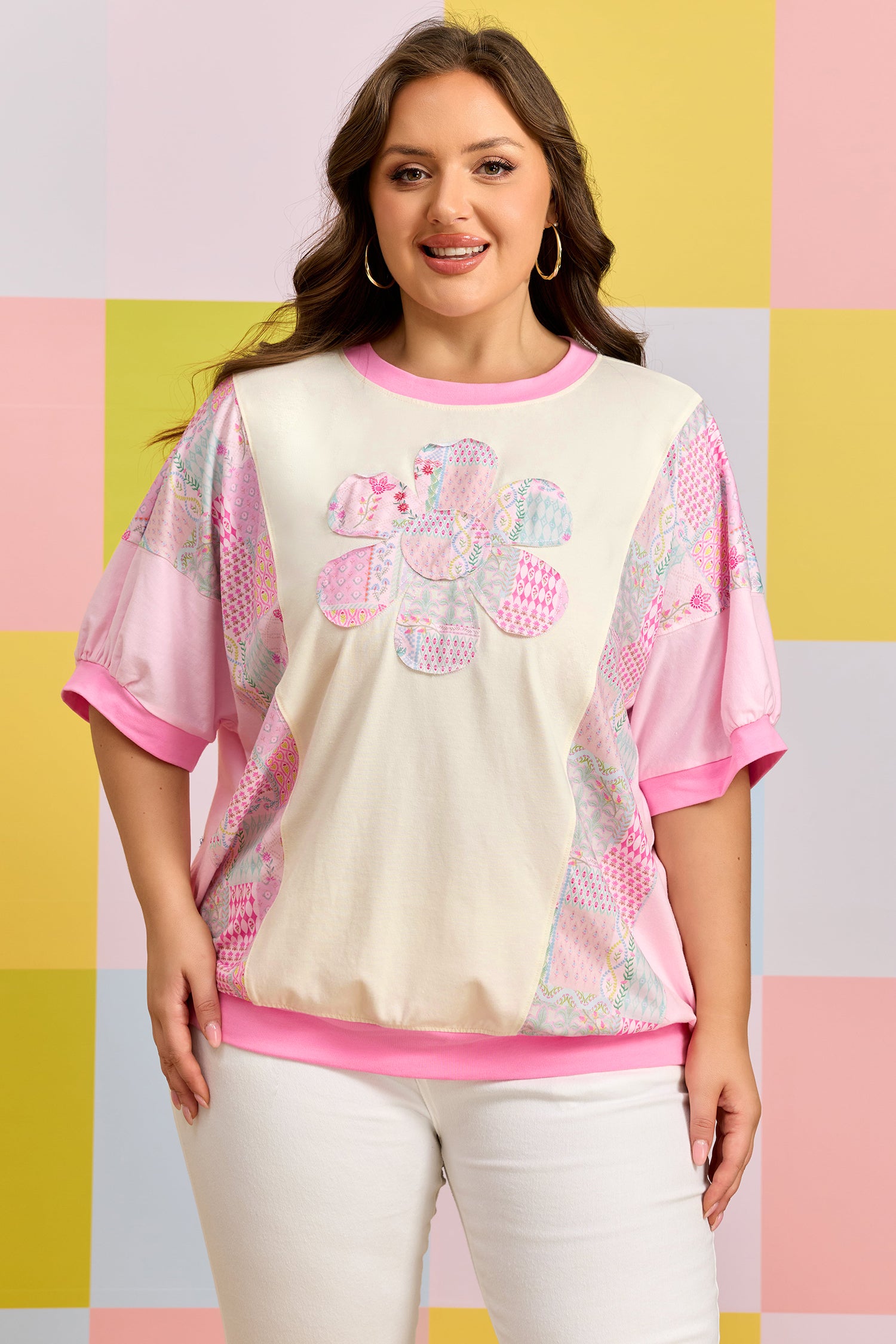 Beige Plus Size Floral Patchwork Short Sleeve Patch Embroidery Cotton T Shirt