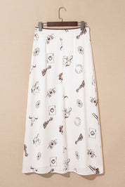 Beige Western Print Lace Trim Waist Side Zip Plus Size Maxi Skirt