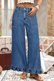 Sail Blue Plus Size Elastic Waist Ruffled Wide Leg Denim Pants