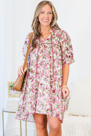 Pink Floral Split Neck Short Sleeve Loose Plus Size Mini Dress