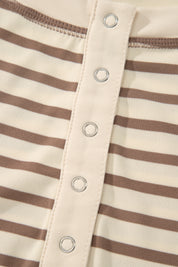 Brown Stripe Plus Size Half Buttons Top and Shorts Set