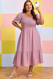 Pink Plus Size Swiss Dot Short Sleeve Smocked High Waist Flowy Midi Dress