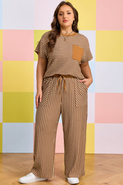 Khaki Stripe Plus Size Striped Colorblock Pocket Lounge Set