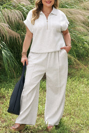 Light Grey Half Zip Polo Tee Loose Pants Plus Size 2pcs Outfit